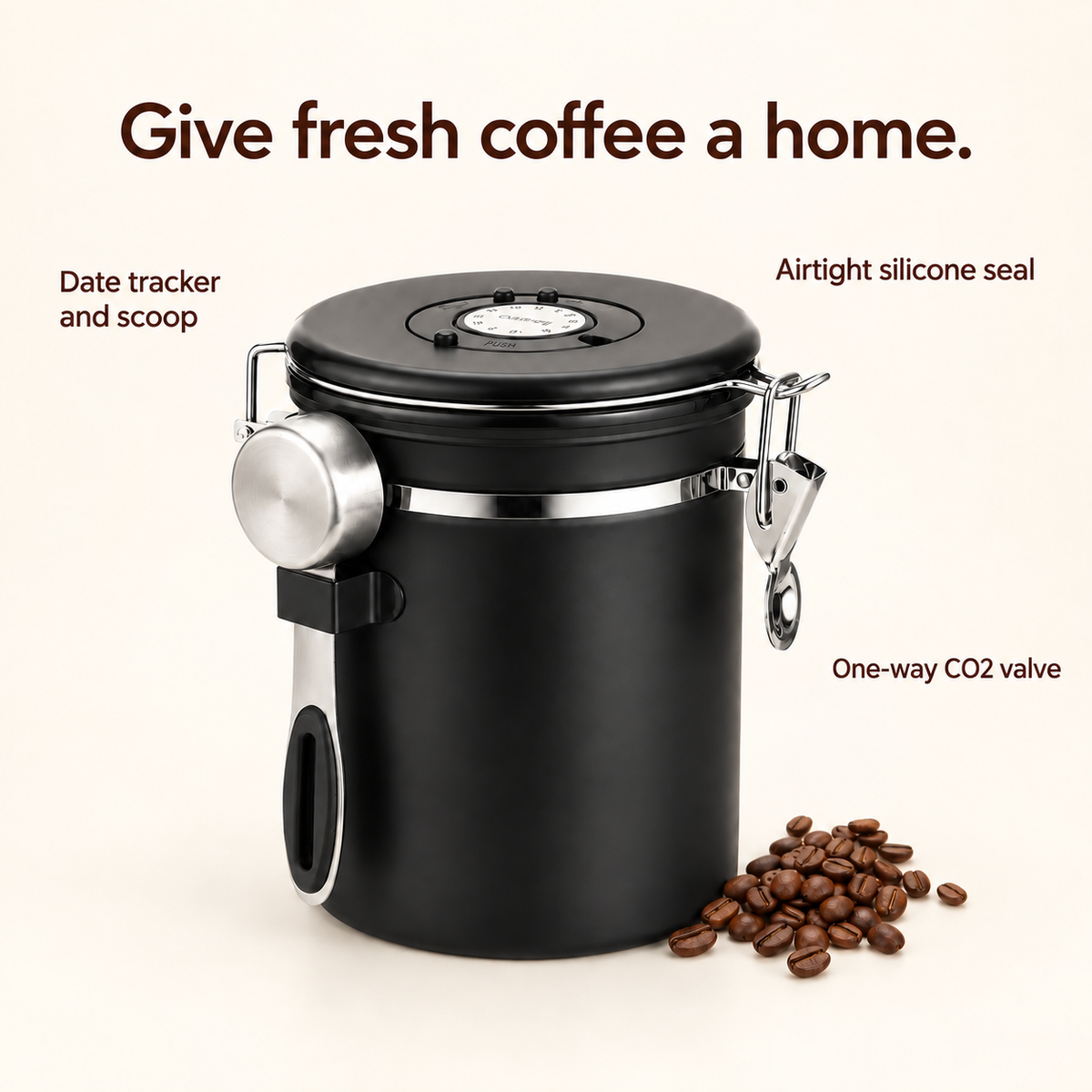 Airtight Stainless Steel Coffee Canister: Airtight silicone seal; One-way CO2 valve; Date tracker and scoop.