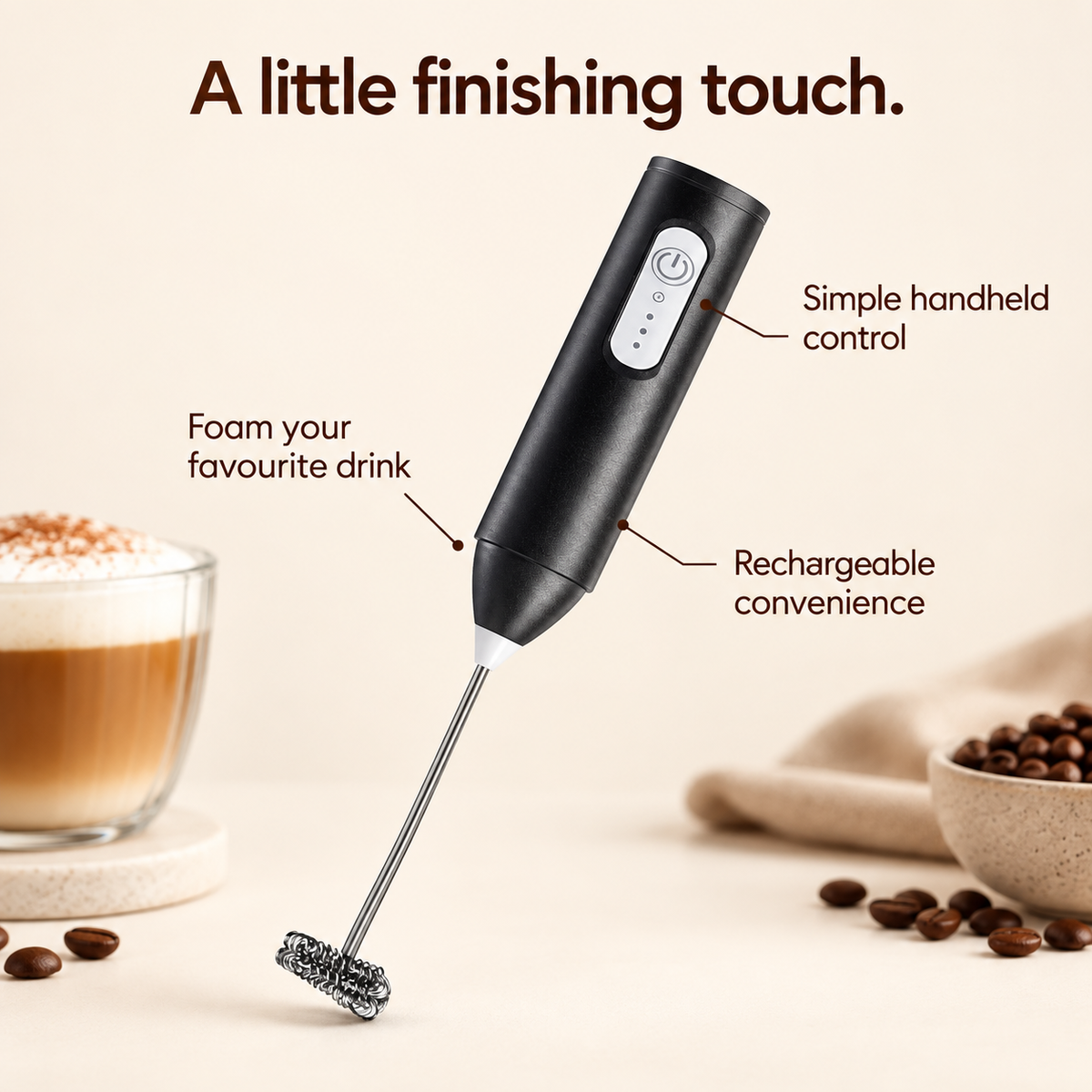 Electric Milk Frother: Foam your favourite drink; Simple handheld control; Rechargeable convenience.