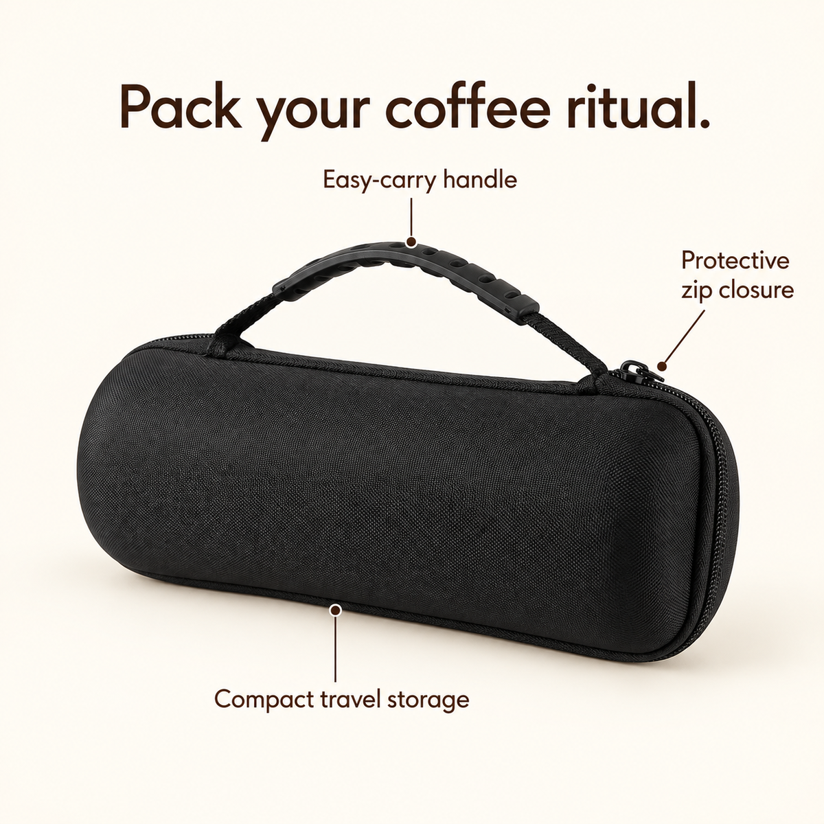 Capsule Grinder Storage Case: Protective zip closure; Easy-carry handle; Compact travel storage.