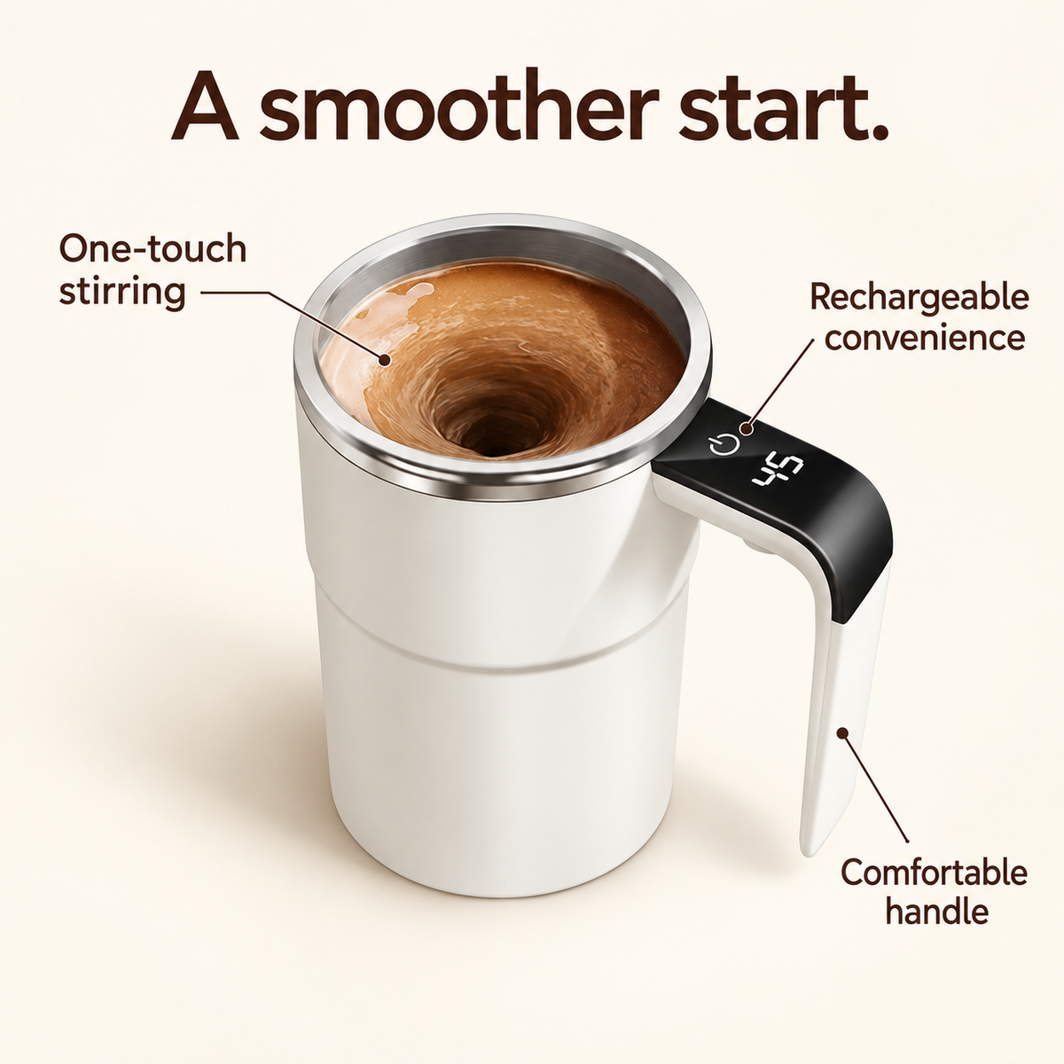 Electric Self Stirring Mug: One-touch stirring; Rechargeable convenience; Comfortable handle.
