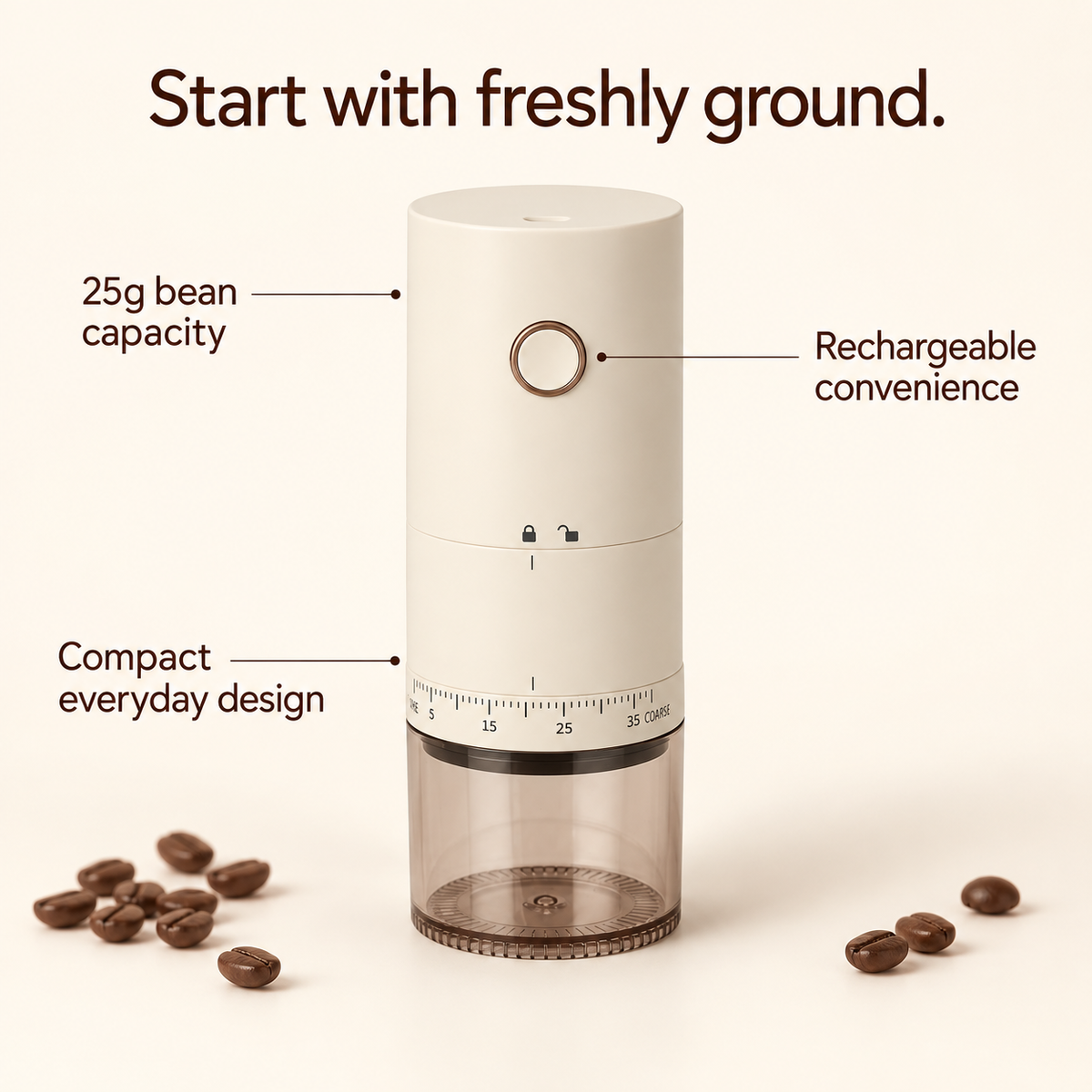 Electric Coffee Grinder: 25g bean capacity; Rechargeable convenience; Compact everyday design.