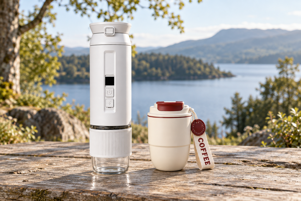 White portable espresso machine and cream travel coffee mug