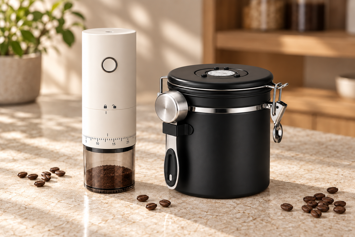 Cream electric coffee grinder and black airtight coffee canister with scoop