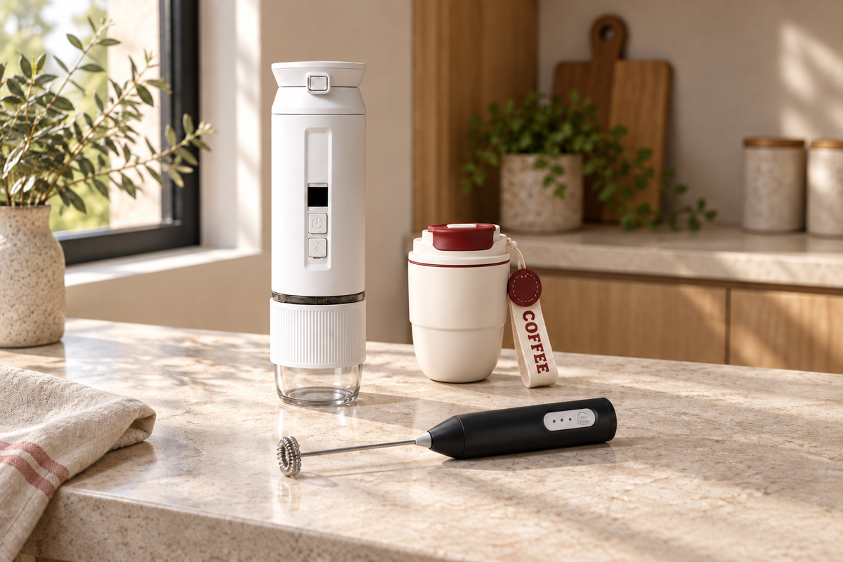 White portable espresso machine, cream coffee mug and black handheld milk frother