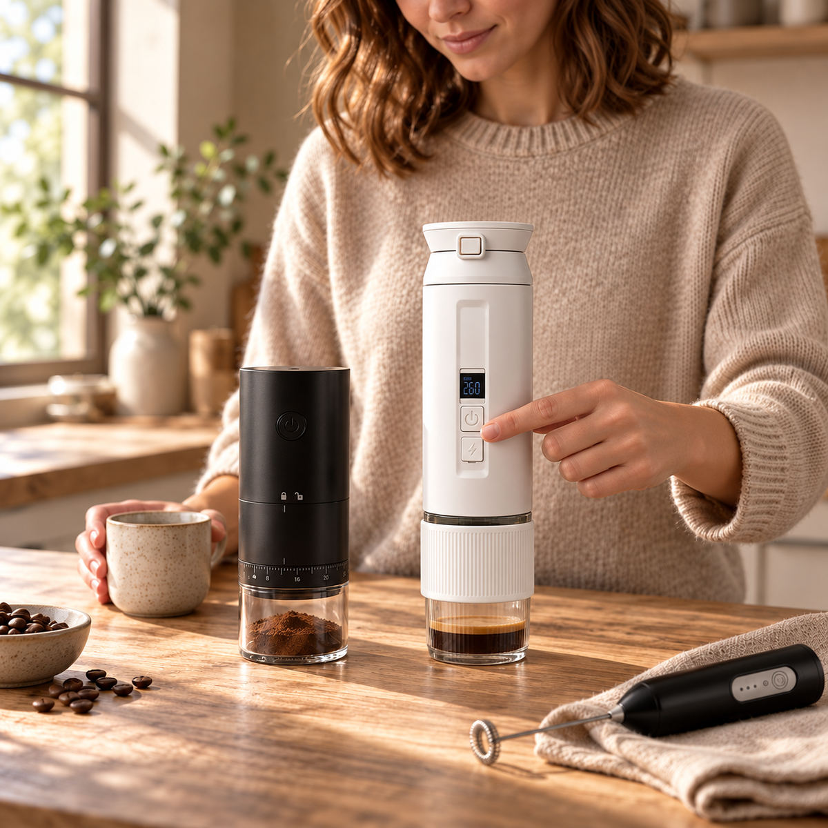 White portable espresso machine, grinder and milk frother on a warm wooden counter