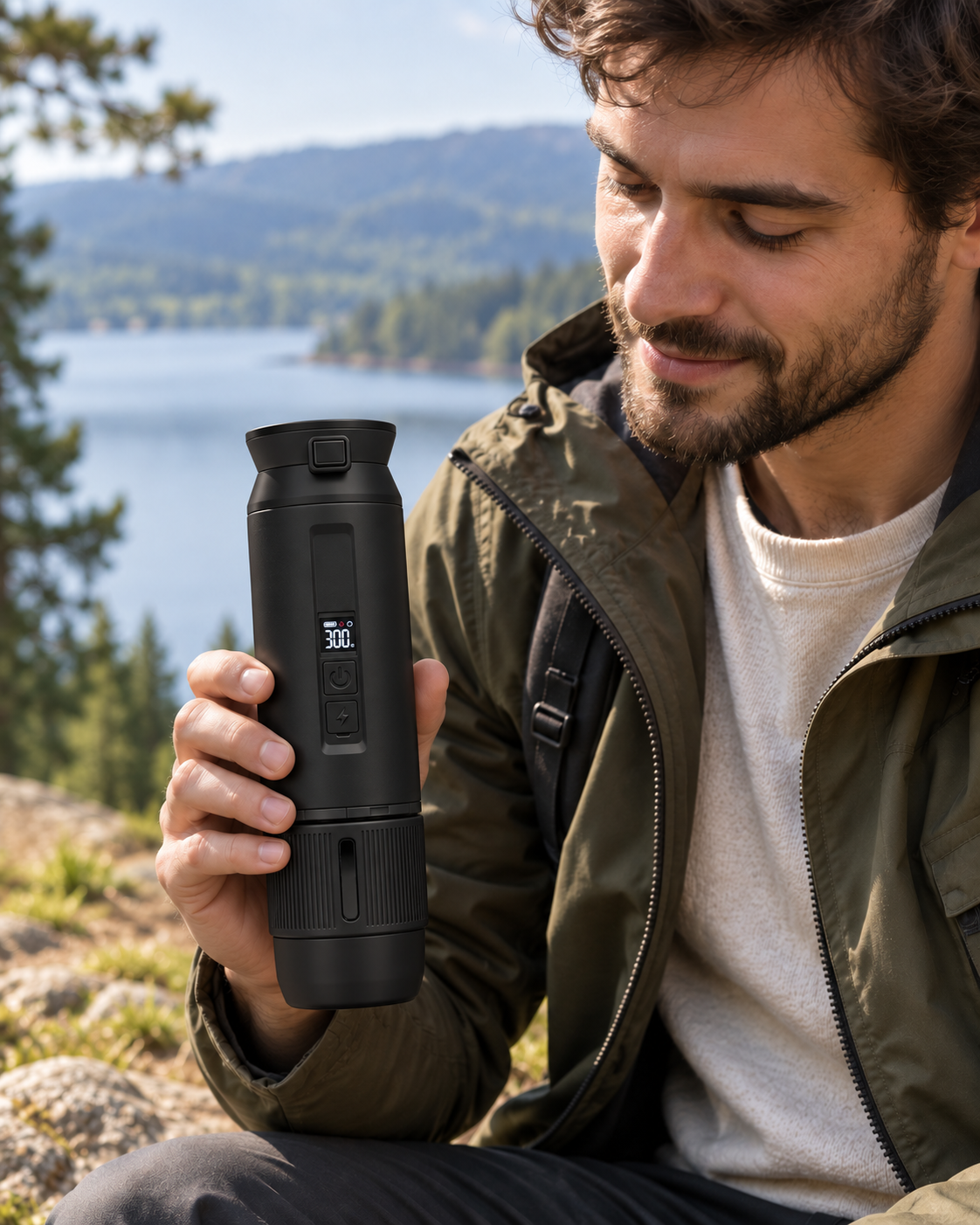 Black portable espresso machine held beside a lake