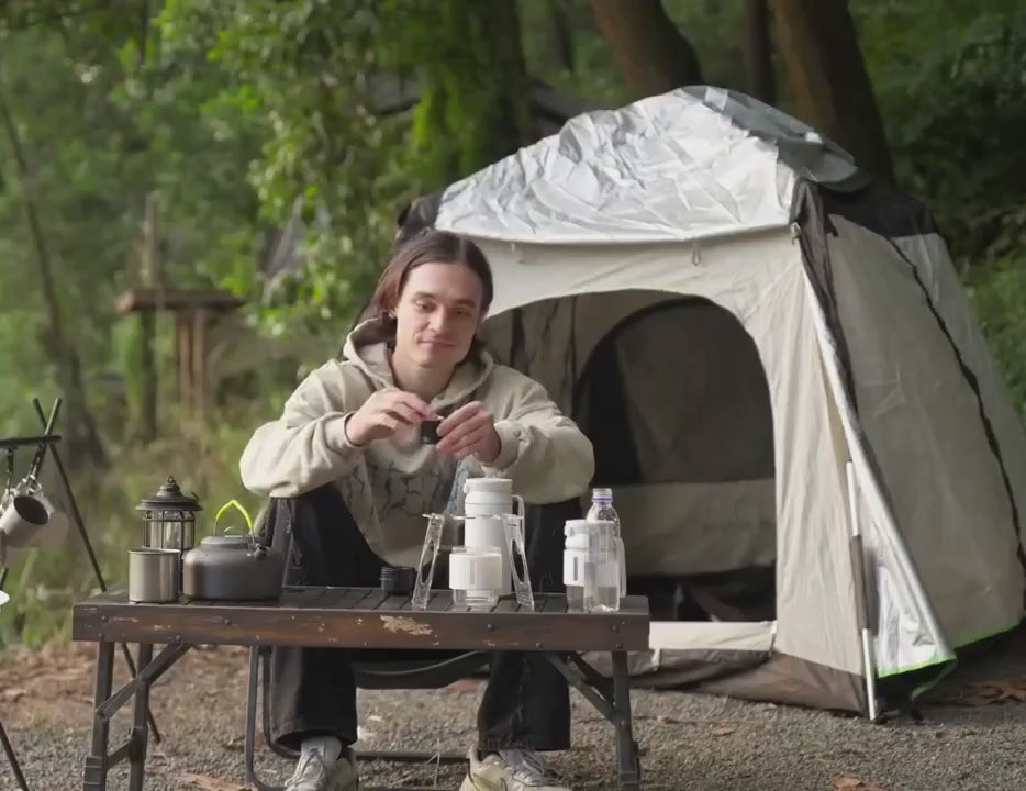 Portable espresso machine preparation, brewing and enjoying a cup