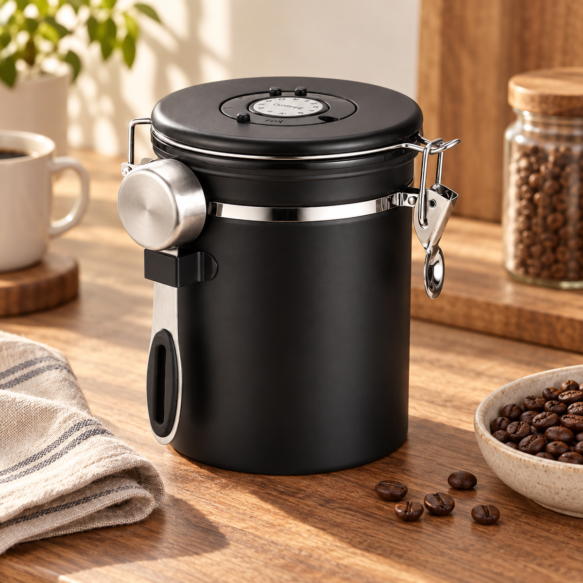 Airtight Stainless Steel Coffee Canister in an everyday coffee setting