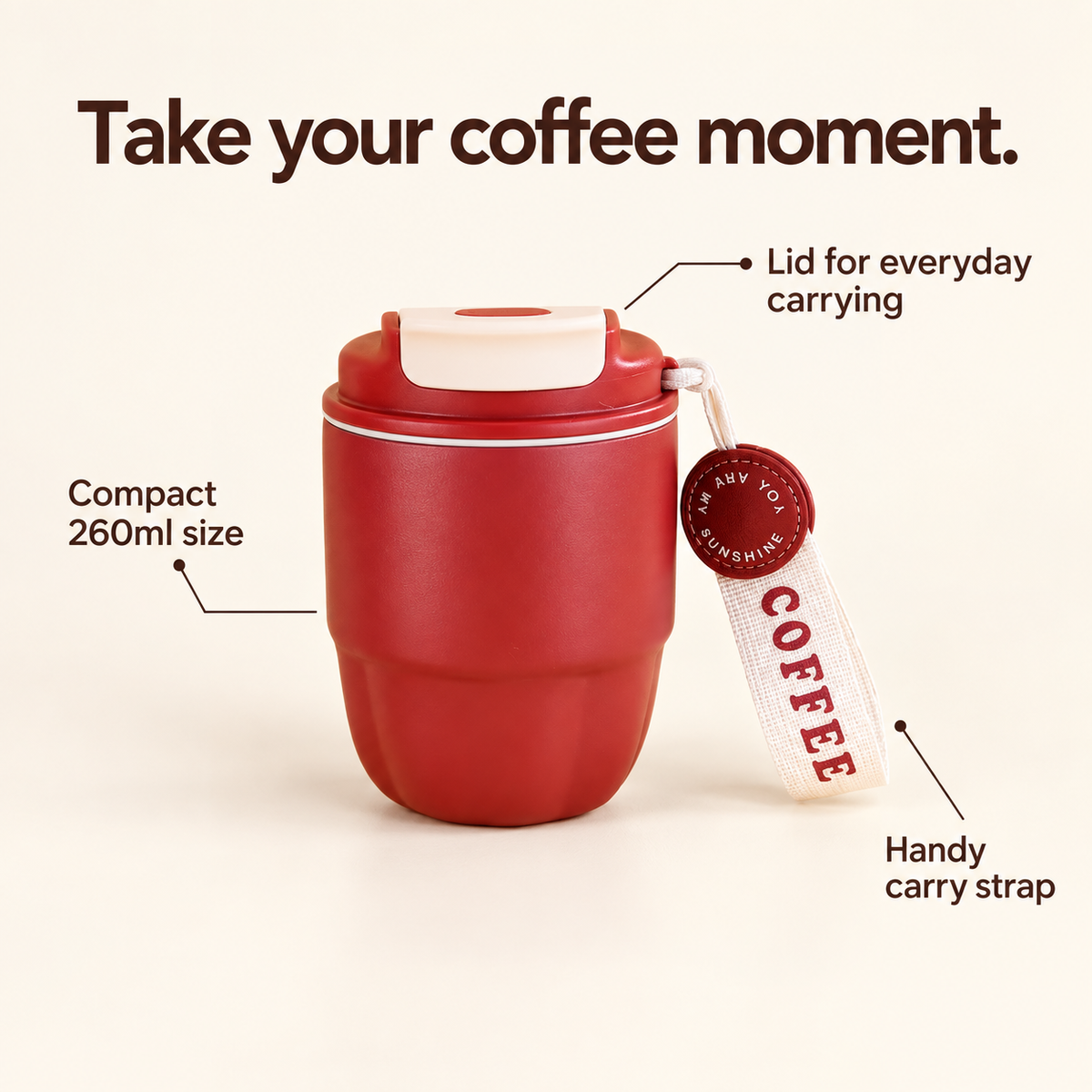 Stainless Steel Coffee Mug: Compact 260ml size; Lid for everyday carrying; Handy carry strap.