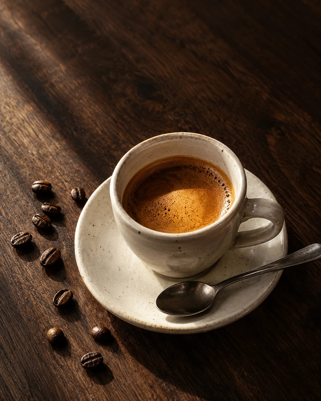 Espresso with golden crema on a warm walnut table